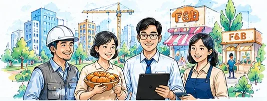 Minh hoạ những người làm nghề xây dựng, tiệm bánh, văn phòng và F&B cùng sử dụng TekShot AI
