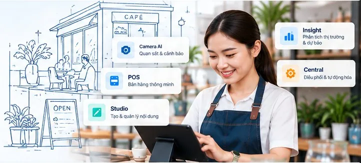 Nhân viên quán café dùng máy tính bảng, kèm thẻ 5 trợ lý AI Camera AI, POS, Studio, Insight và Central