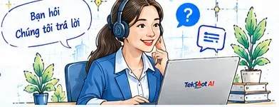 Nhân viên tổng đài TekShot AI đeo tai nghe, sẵn sàng trả lời câu hỏi