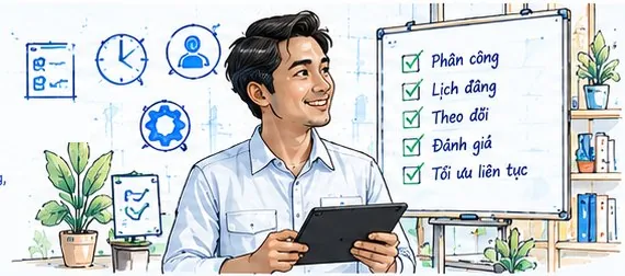 Quản lý cầm máy tính bảng cạnh bảng công việc: phân công, lịch đăng, theo dõi, đánh giá, tối ưu liên tục