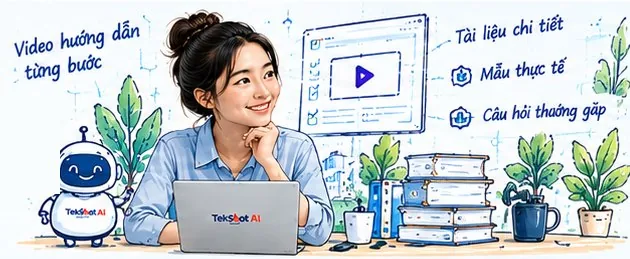 Nhân viên TekShot AI cùng robot trợ lý, xung quanh là video hướng dẫn từng bước, tài liệu chi tiết và mẫu thực tế
