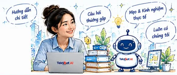 Nhân viên TekShot AI làm việc với laptop cùng robot trợ lý, xung quanh là hướng dẫn chi tiết, câu hỏi thường gặp và mẹo thực tế