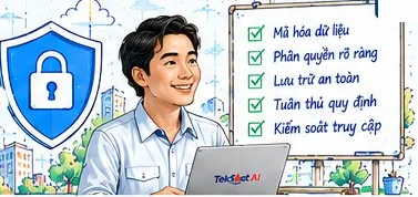 Khiên bảo mật cùng nhân viên TekShot AI và bảng kiểm: mã hoá, phân quyền, lưu trữ an toàn, tuân thủ, kiểm soát truy cập